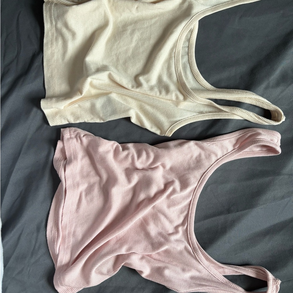 SHEIN Ribbed Bandeau Set - Cream and Pink